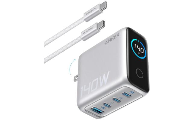 Anker Laptop Charger, 140W MAX USB C Charger, 4-Port Multi-Device Fast Charging, Advanced GaN Power Adapter, Intuitive Touch Controls, for MacBook, iPhone 17/16 Series, Samsung Galaxy, Pixel, and More - Silver